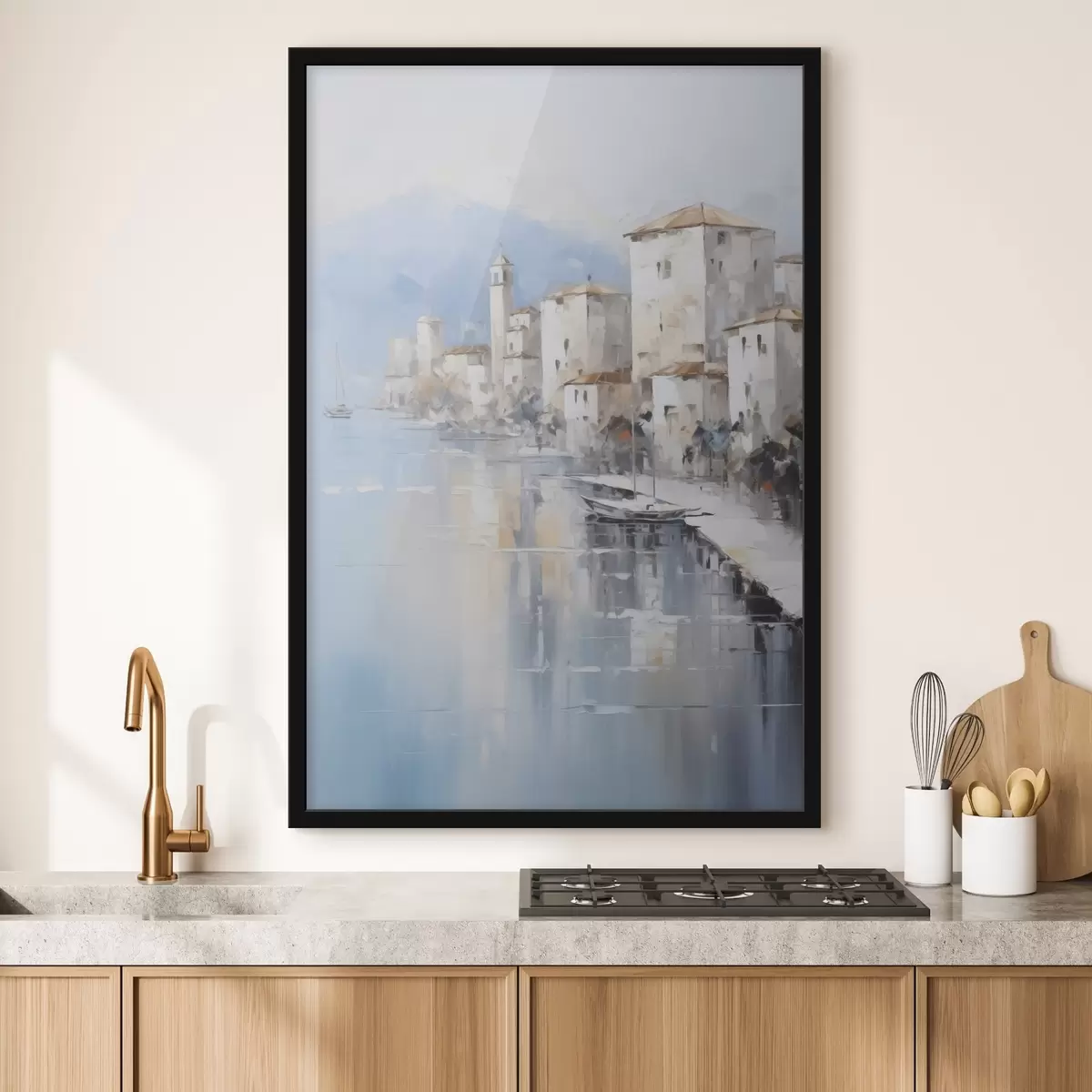 Plakatas Abstrakčios namai prie įlankos tapybos imitacija f46673