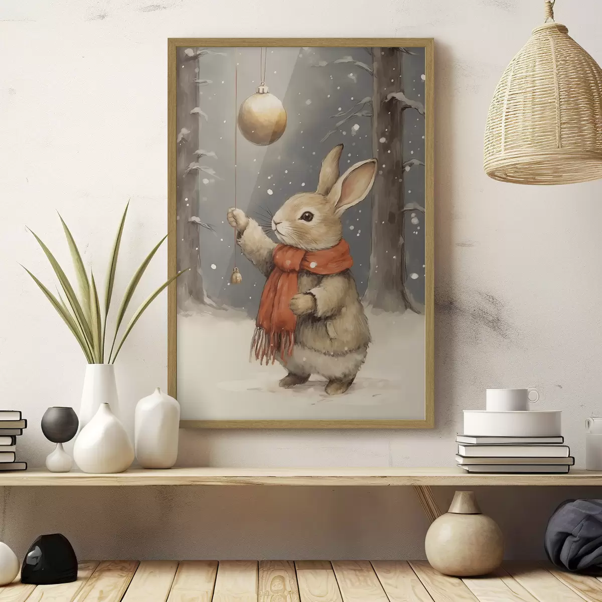 Plakatas Žieminis kiškis su šaliku ir eglutės žaisliuku f46619