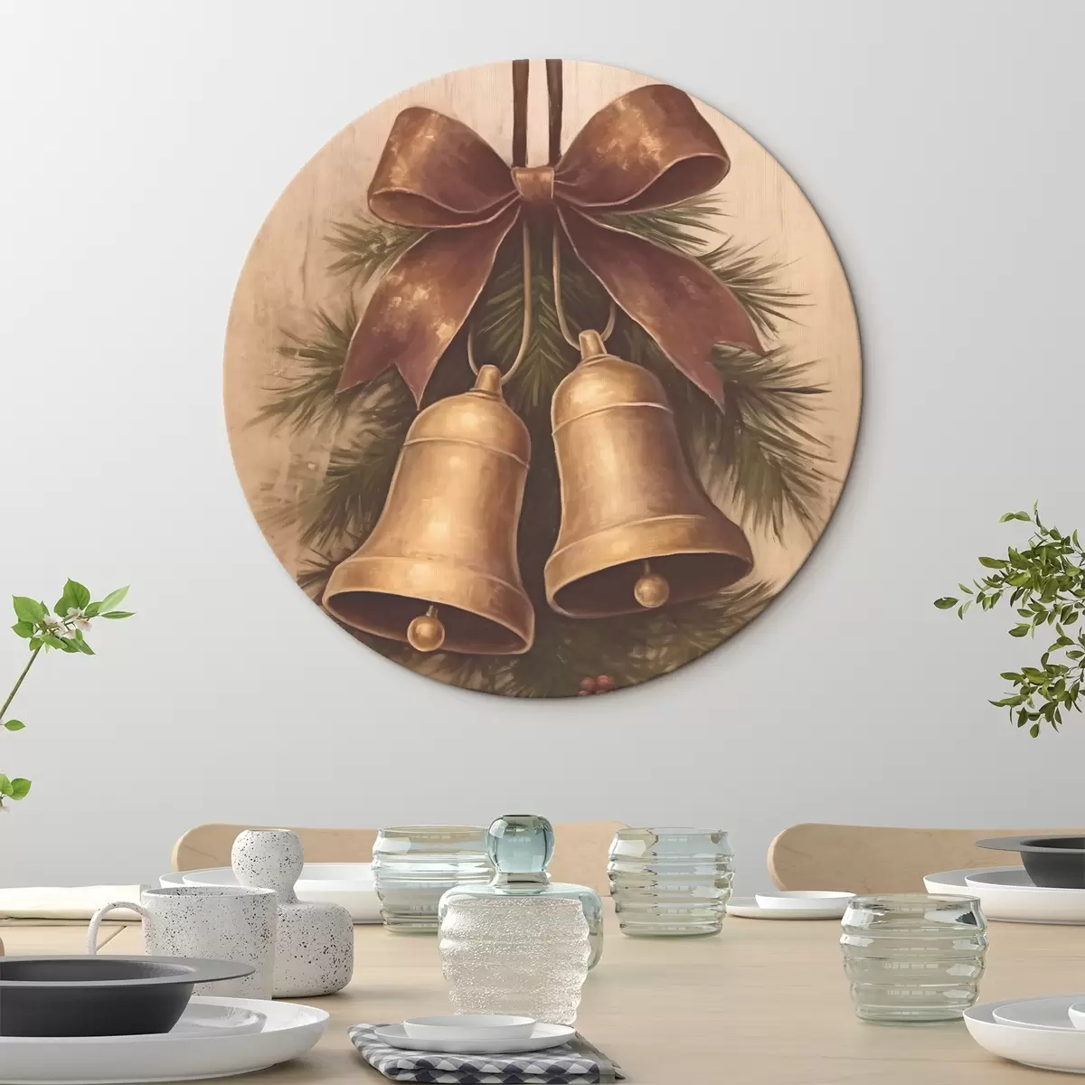 Apvalūs paveikslai Vintage Kalėdų dekoracija su dviem varpeliais ir kaspinu r46626