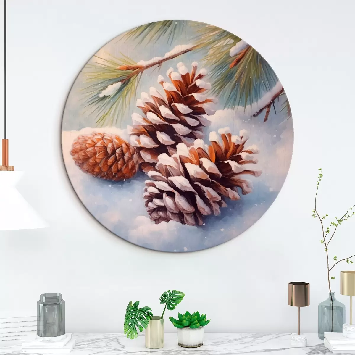 Apvalūs paveikslai Sniegu padengtos pušų kankorėžės ir šakos r46631