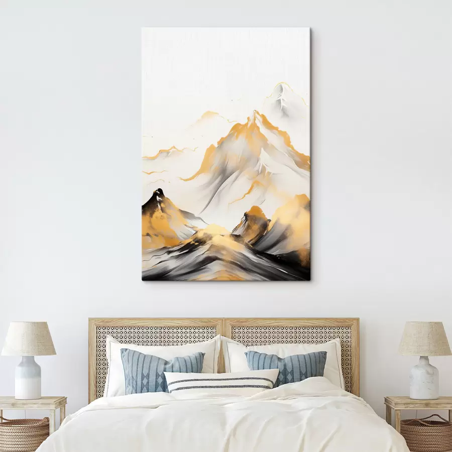Paveikslėlis Tekstūruotos geltonos ir juodos kalvos su snieguotomis viršūnėmis, tapybos stilius „ink wash“, minimalistinis kalnų masyvas s46683