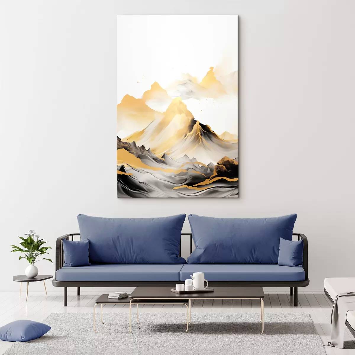 Paveikslėlis Tekstūruotos geltonos ir juodos kalvos su snieguotomis viršūnėmis, tapybos stilius „ink wash“, minimalistinis kalnų masyvas s46684