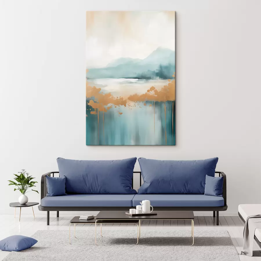 Paveikslėlis Abstraktus peizažas su kalnais ir ežeru žalios ir tekstūruotos geltonos spalvos, švelniais potėpiais, minimalistinis meno kūrinys s46703