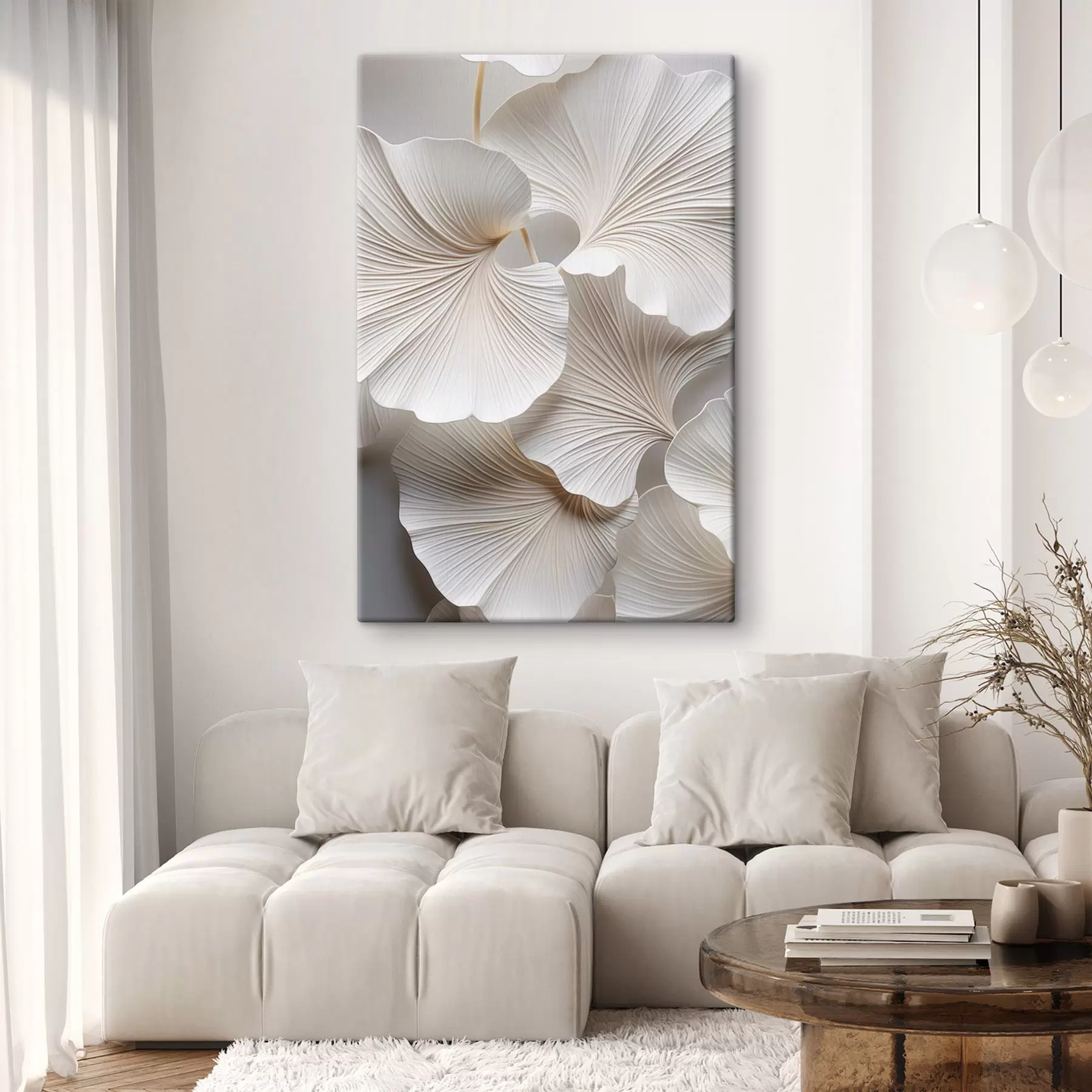 Paveikslėlis Balta ginkgo biloba lapai su išsamiomis gyslomis, švelniu apšvietimu, tekstūruotu elegantišku ir minimalistiniu dizainu s46705