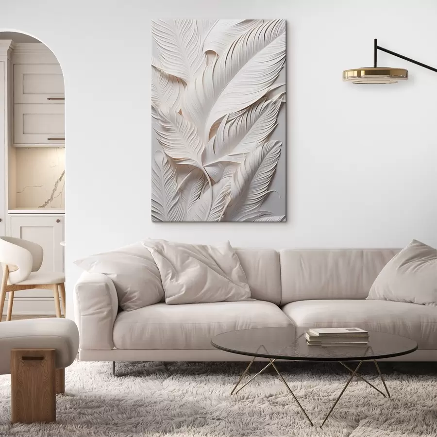 Paveikslėlis Balta lapai su sudėtingais detalėmis, sukuriančiais tekstūrą ir sluoksniuotą efektą, minimalistinis menas s46706