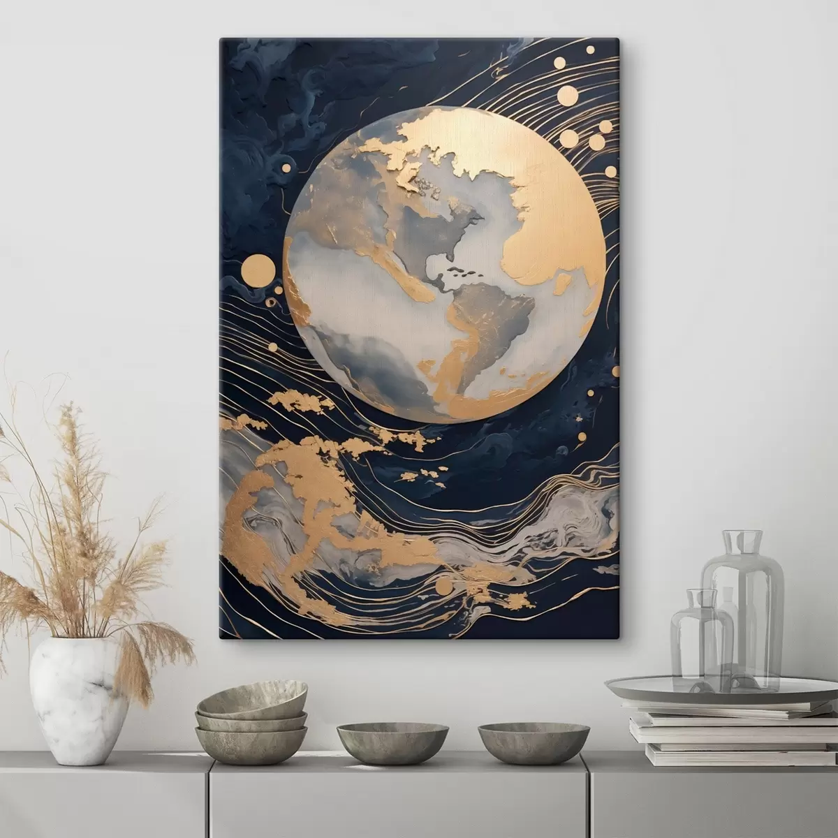 Paveikslėlis Tekstūruota dekoratyvinė planeta su geltonomis linijomis fone, geltonomis taškeliais fone, tamsus fonas s46708