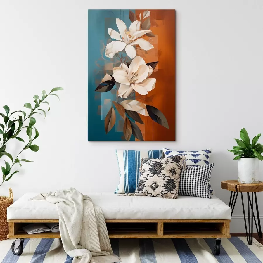 Paveikslėlis Abstrakčios baltos gėlės ir lapai su rudos ir mėlynos spalvos fonu su abstrakčiomis formomis, minimalistiniu stiliumi. s46710