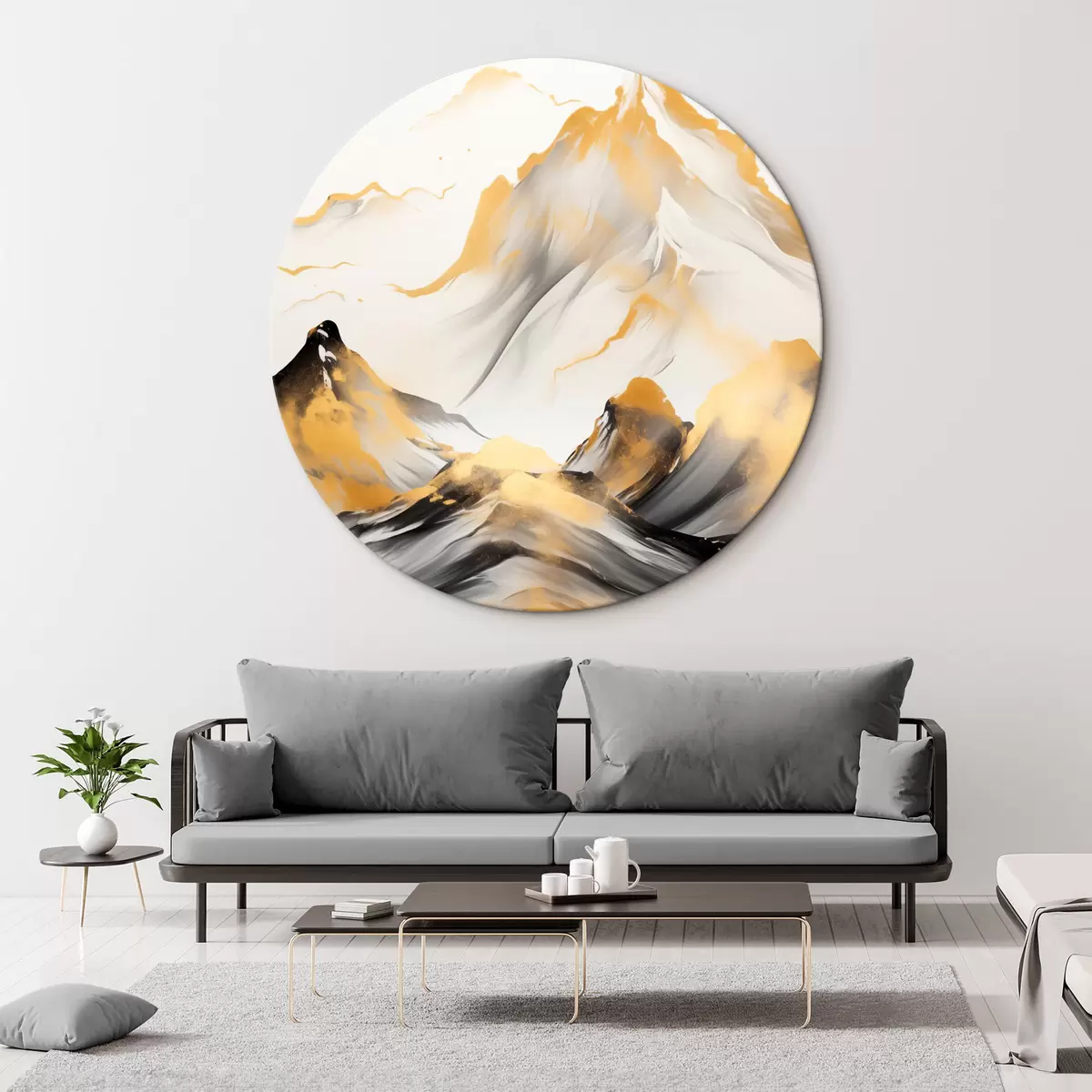 Apvalūs paveikslai Tekstūruotos geltonos ir juodos kalvos su snieguotomis viršūnėmis, tapybos stilius „ink wash“, minimalistinis kalnų masyvas r46683