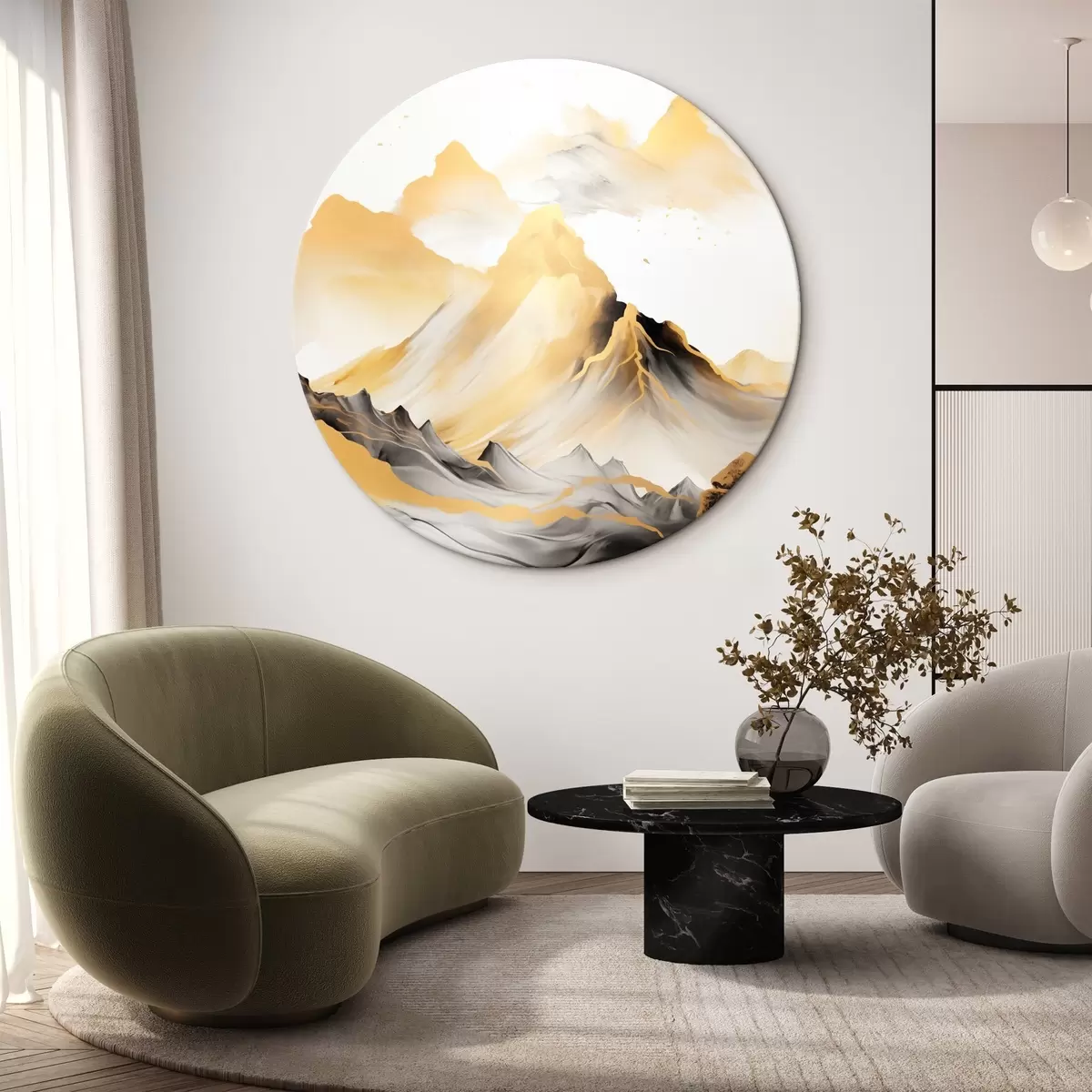 Apvalūs paveikslai Tekstūruotos geltonos ir juodos kalvos su snieguotomis viršūnėmis, tapybos stilius „ink wash“, minimalistinis kalnų masyvas r46684