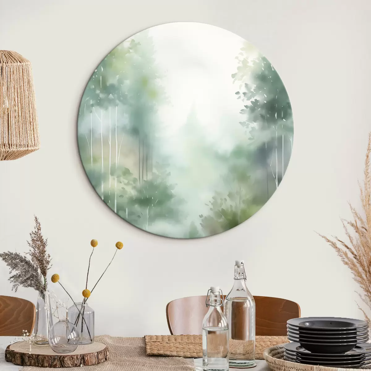 Apvalūs paveikslai Akvarelės tapybos imitacija abstraktaus miško su aukštais medžiais ir žaliais lapais, švelniomis prislopintomis spalvomis r46689