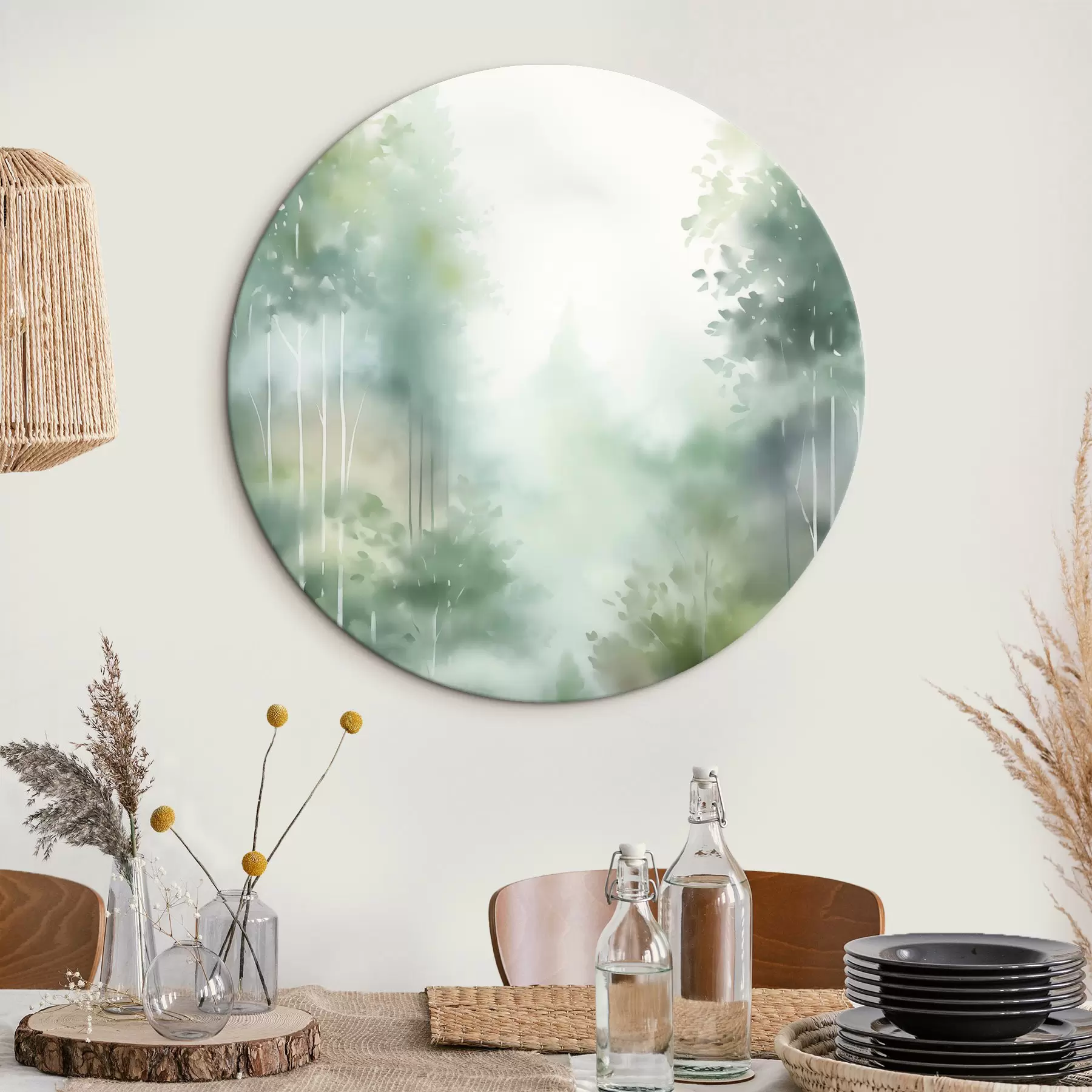 Paveikslėlis Akvarelės tapybos imitacija abstraktaus miško su aukštais medžiais ir žaliais lapais, švelniomis prislopintomis spalvomis r46689