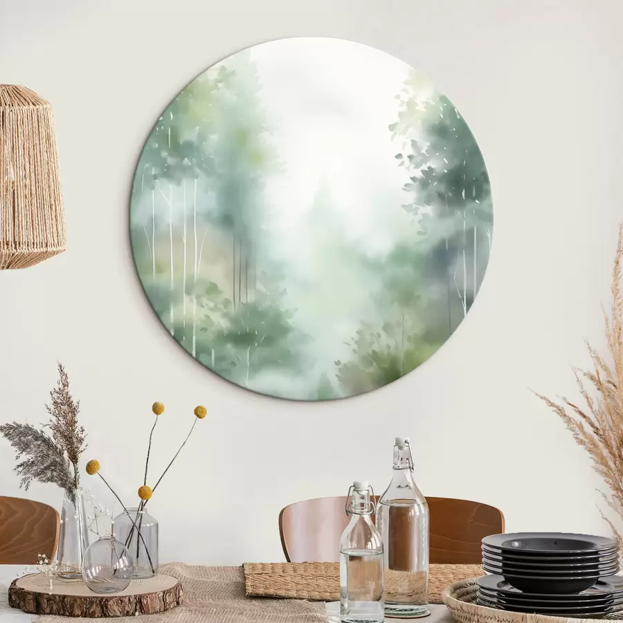 Paveikslėlis Akvarelės tapybos imitacija abstraktaus miško su aukštais medžiais ir žaliais lapais, švelniomis prislopintomis spalvomis r46689