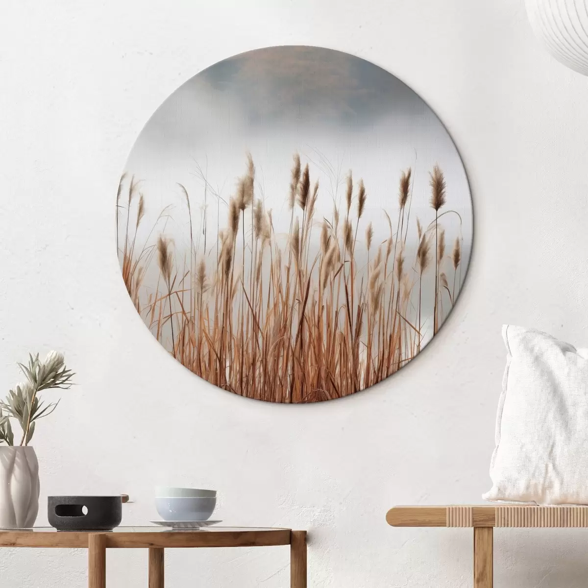 Apvalūs paveikslai Aukšti nendrės, augančios vandens telkinyje, vanduo atspindi nendres, rūko apgaubtas fonas, švelni šviesa, gamtos vaizdas r46696