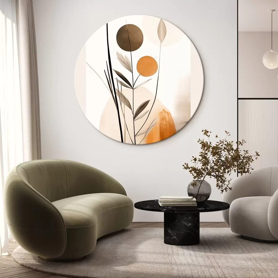 Paveikslėlis Abstraktaus tapybos imitacija su oranžiniais ir pilkais apskritimais, lapais ir šakomis, modernus stilius, akvarelės efektas r46698