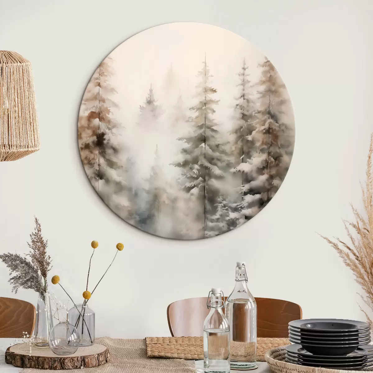 Apvalūs paveikslai Aukštos pušys, padengtos sniegu, stovinčios rūko apgaubtame miške, švelnus, tylus žiemos peizažas. r46701