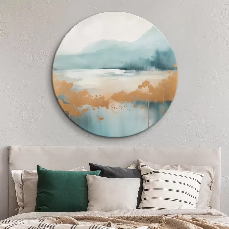 Paveikslėlis Abstraktus peizažas su kalnais ir ežeru žalios ir tekstūruotos geltonos spalvos, švelniais potėpiais, minimalistinis meno kūrinys r46703