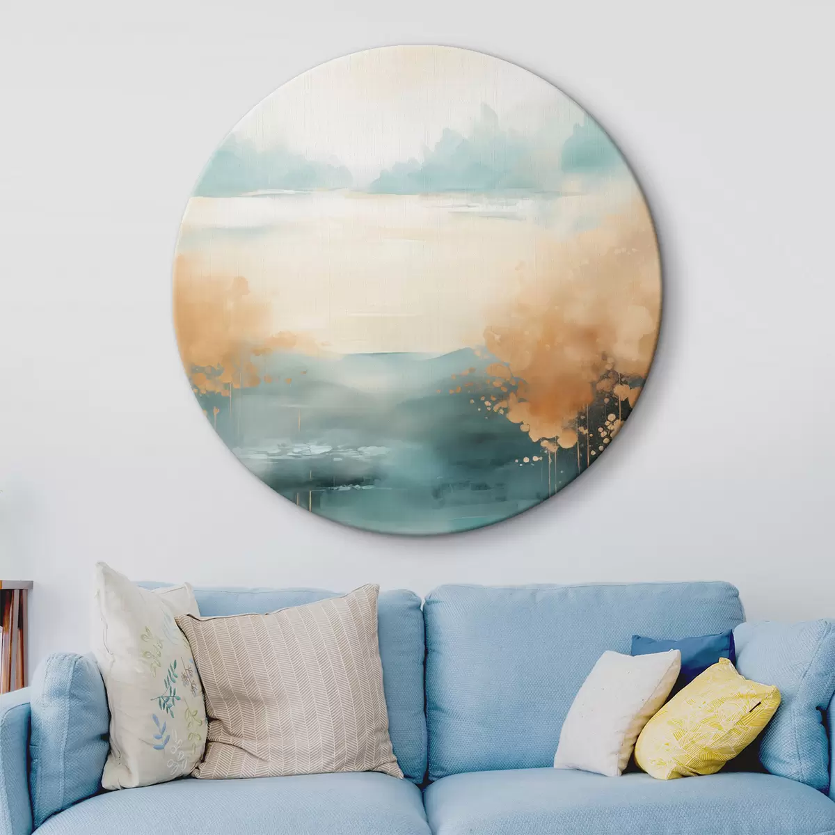 Apvalūs paveikslai Abstraktus peizažas su kalnais ir ežeru žalios ir tekstūruotos geltonos spalvos, švelniais potėpiais, minimalistinis meno kūrinys r46704