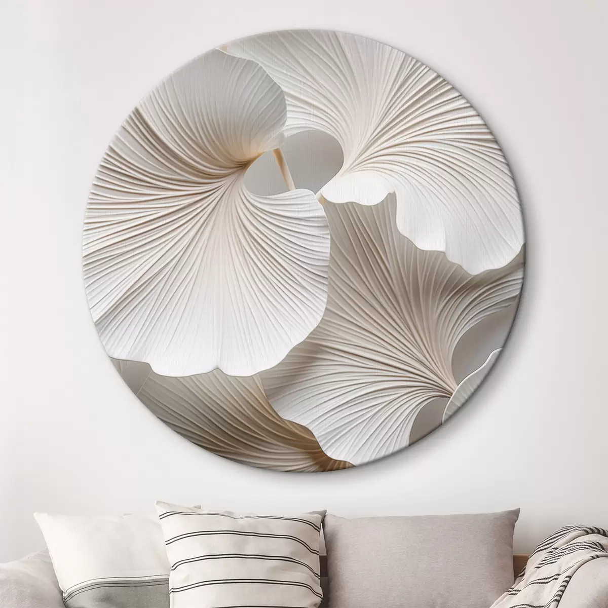 Apvalūs paveikslai Balta ginkgo biloba lapai su išsamiomis gyslomis, švelniu apšvietimu, tekstūruotu elegantišku ir minimalistiniu dizainu r46705