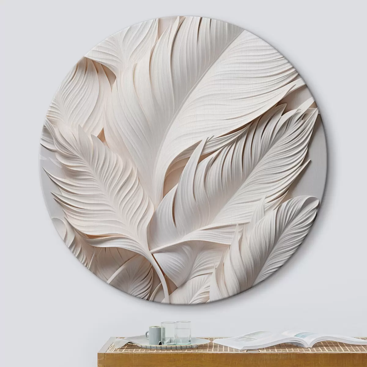 Apvalūs paveikslai Balta lapai su sudėtingais detalėmis, sukuriančiais tekstūrą ir sluoksniuotą efektą, minimalistinis menas r46706