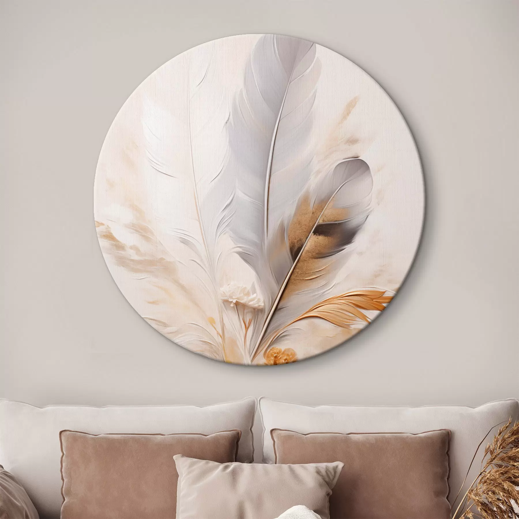 Paveikslėlis Abstrakčios plunksnos, apsuptos smėlio ir rudos spalvos plunksnų, švelnios ir subtilios, ant šviesiai smėlio spalvos fono r46712