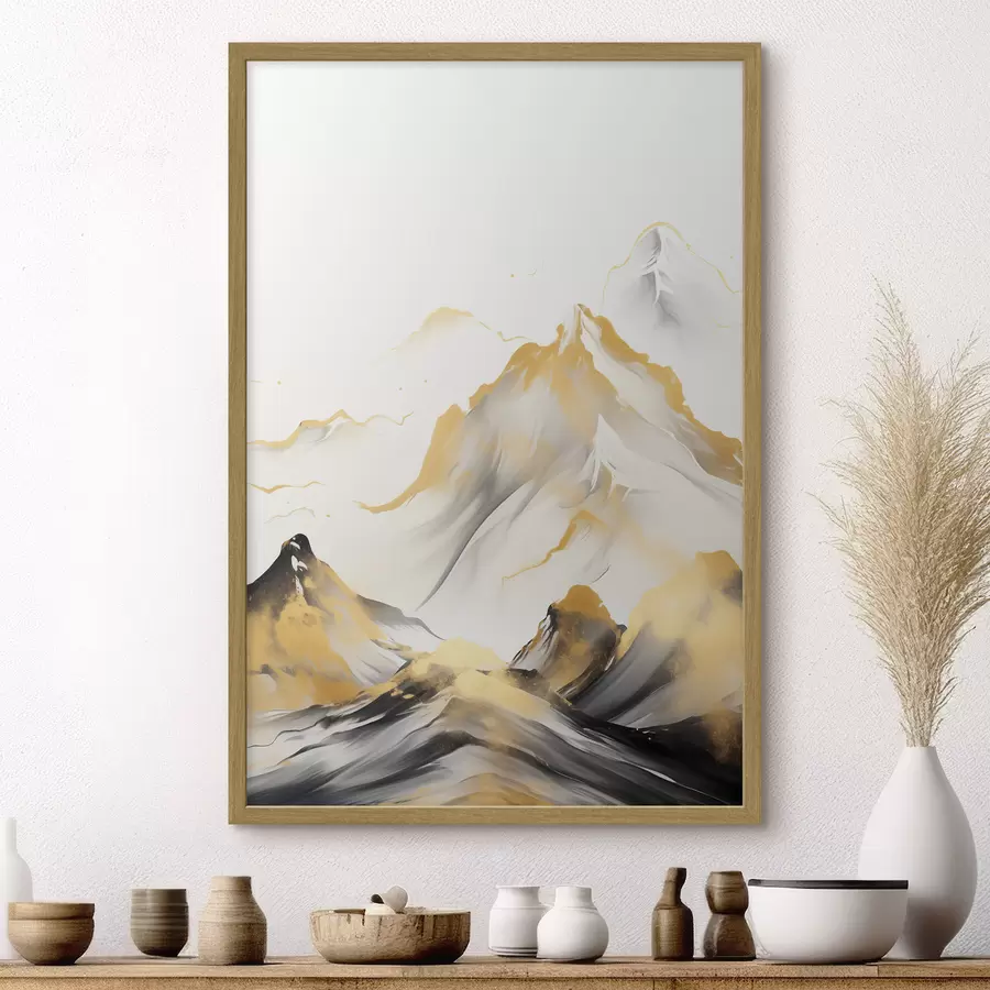 Fototapetai Tekstūruotos geltonos ir juodos kalvos su snieguotomis viršūnėmis, tapybos stilius „ink wash“, minimalistinis kalnų masyvas f46683