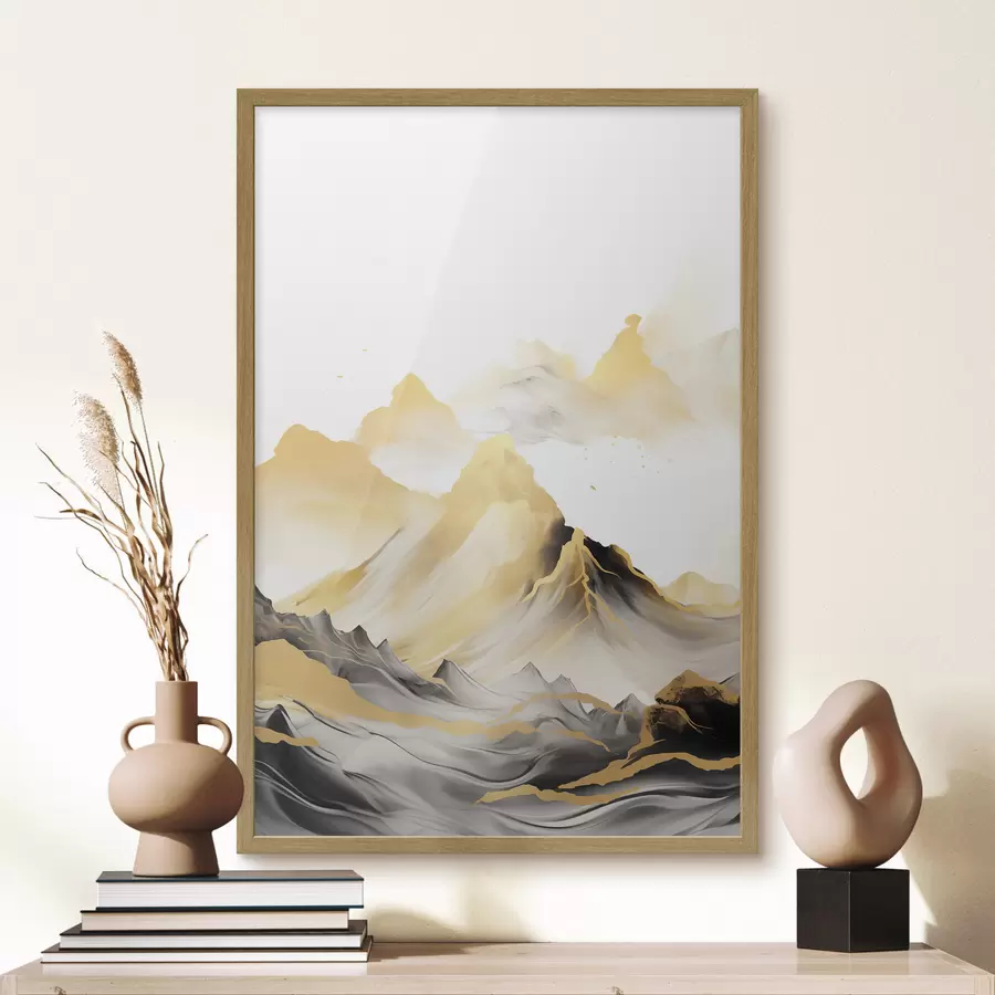 Fototapetai Tekstūruotos geltonos ir juodos kalvos su snieguotomis viršūnėmis, tapybos stilius „ink wash“, minimalistinis kalnų masyvas f46684