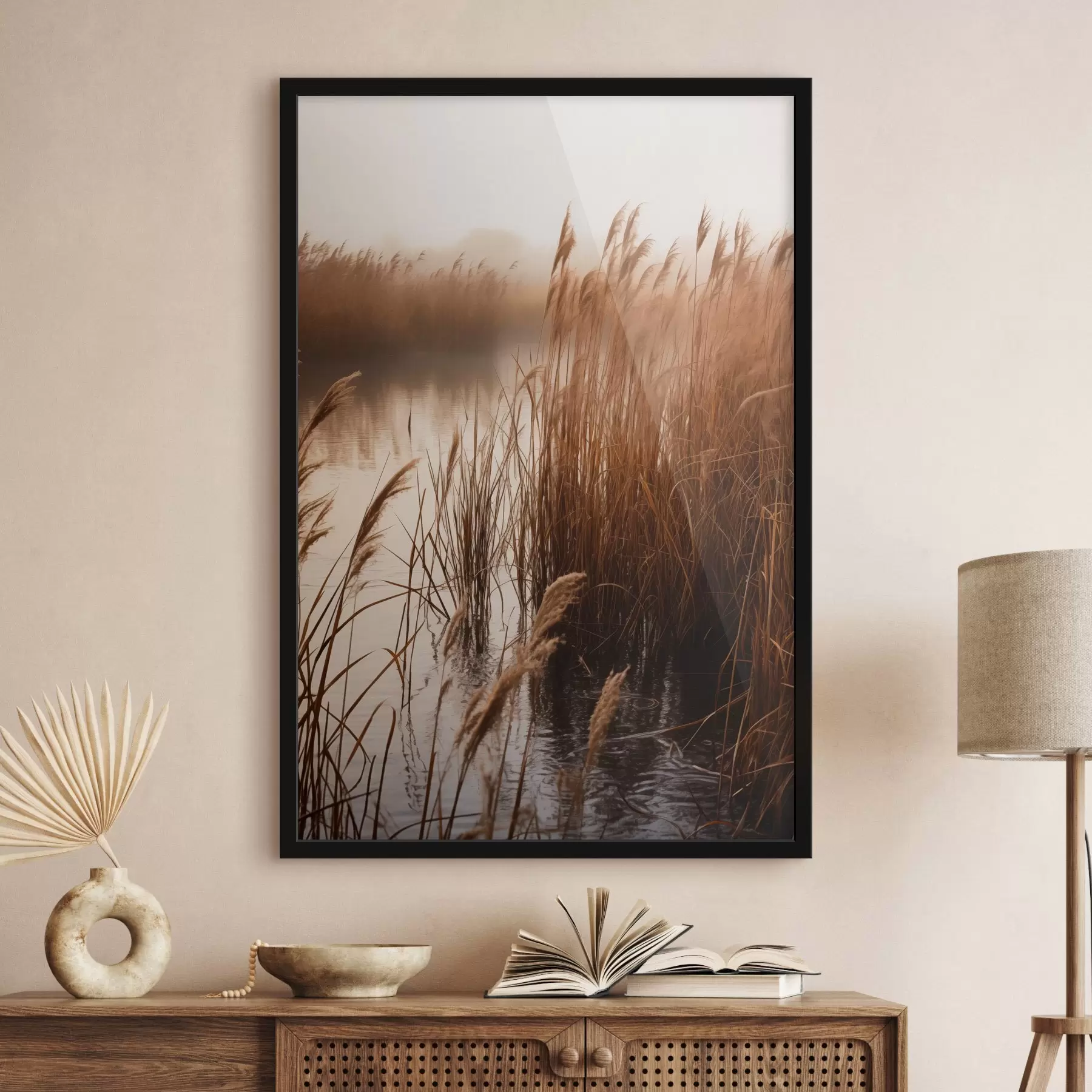 Fototapetai Aukšti nendrės, augančios vandens telkinyje, vanduo atspindi nendres, rūko apgaubtas fonas, švelni šviesa, gamtos vaizdas f46695