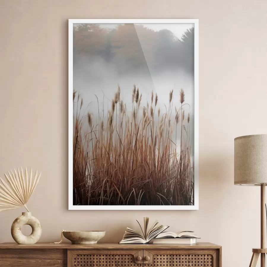 Fototapetai Aukšti nendrės, augančios vandens telkinyje, vanduo atspindi nendres, rūko apgaubtas fonas, švelni šviesa, gamtos vaizdas f46696