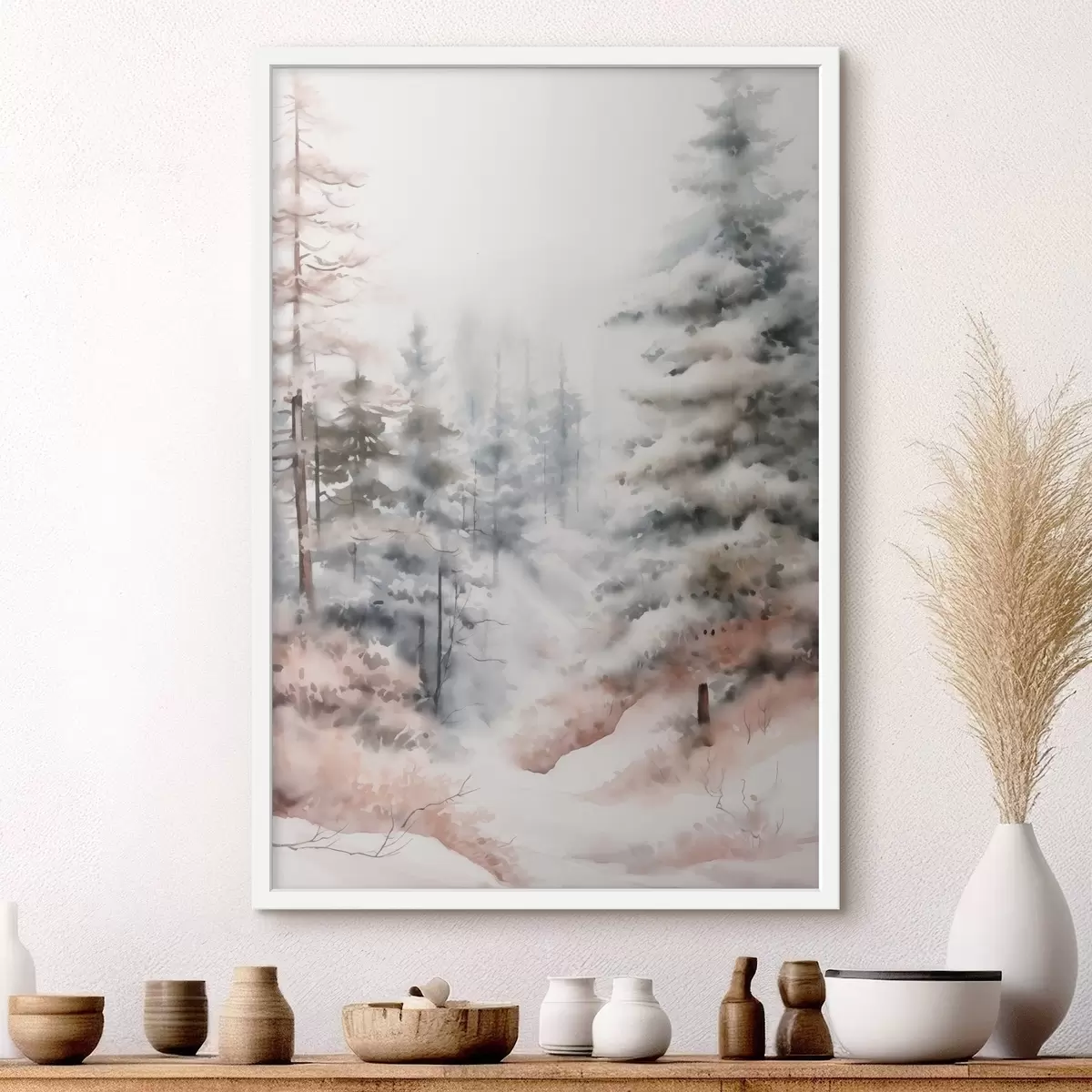 Plakatas Aukštos pušys, padengtos sniegu, stovinčios rūko apgaubtame miške, švelnus, tylus žiemos peizažas. f46702