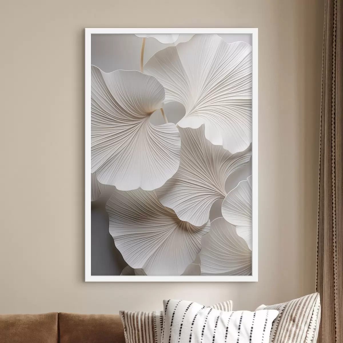 Plakatas Balta ginkgo biloba lapai su išsamiomis gyslomis, švelniu apšvietimu, tekstūruotu elegantišku ir minimalistiniu dizainu f46705