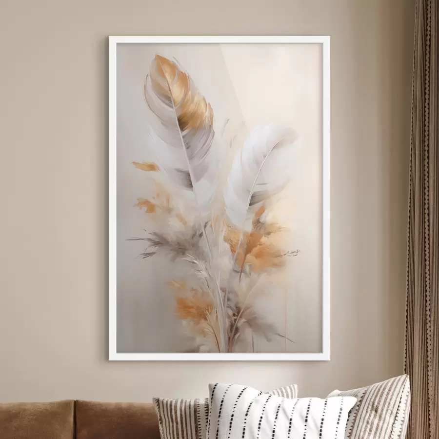 Fototapetai Abstrakčios plunksnos, apsuptos smėlio ir rudos spalvos plunksnų, švelnios ir subtilios, ant šviesiai smėlio spalvos fono. f46711