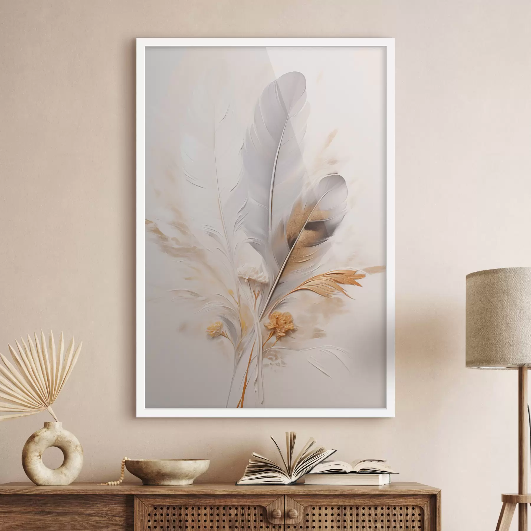 Fototapetai Abstrakčios plunksnos, apsuptos smėlio ir rudos spalvos plunksnų, švelnios ir subtilios, ant šviesiai smėlio spalvos fono f46712