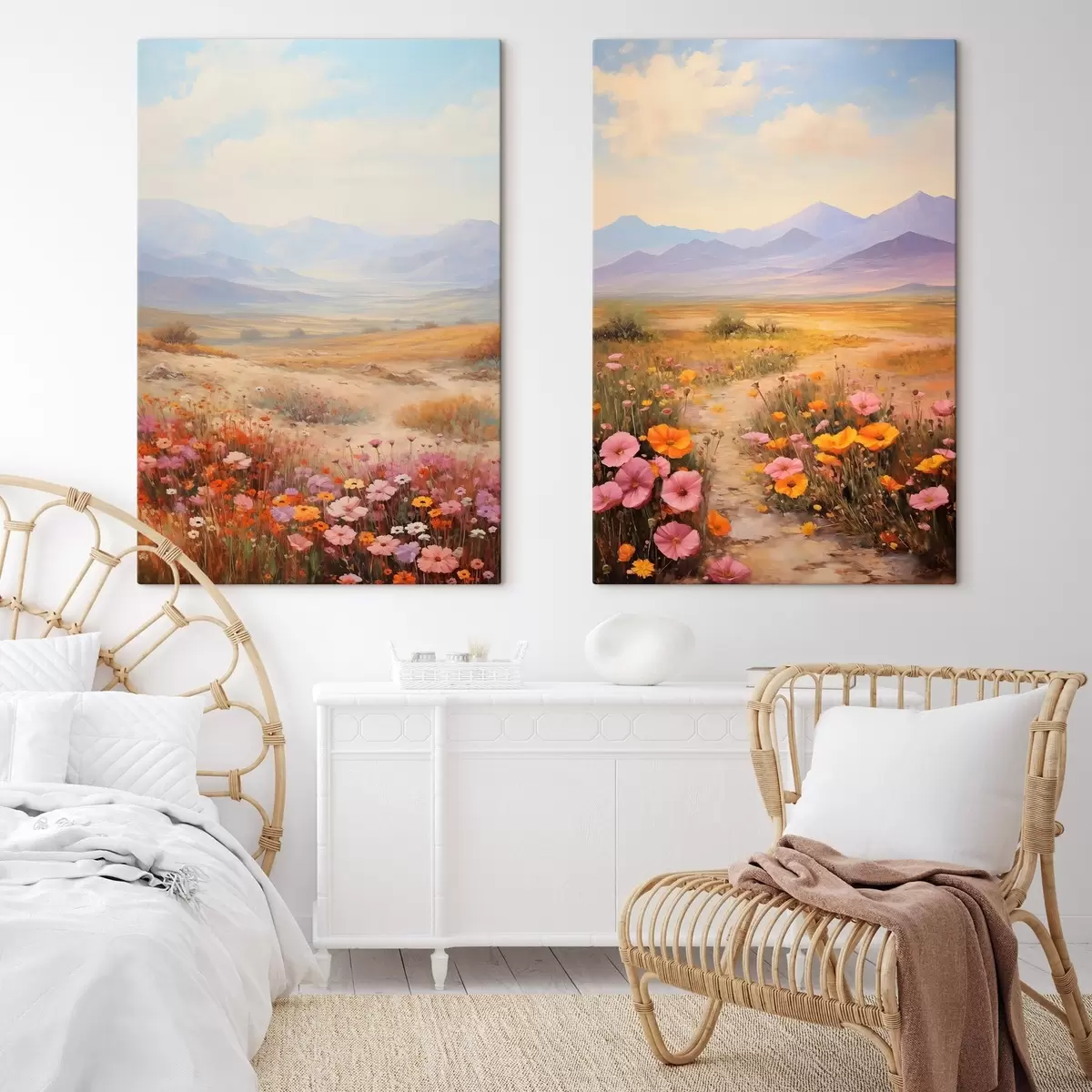 Paveikslėlis Pejzažas, spalvingų gėlių laukas su kalnais fone, švelnios ir pastelinės spalvos m01003