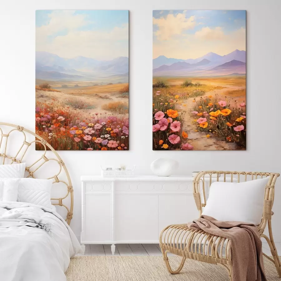 Paveikslėlis Pejzažas, spalvingų gėlių laukas su kalnais fone, švelnios ir pastelinės spalvos m01003