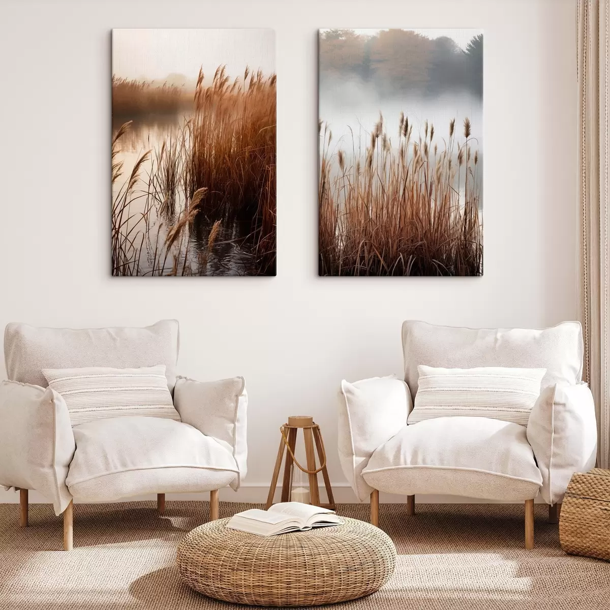 Paveikslėlis Aukšti nendrės, augančios vandens telkinyje, vanduo atspindi nendres, rūko apgaubtas fonas, švelni šviesa, gamtos vaizdas m01008