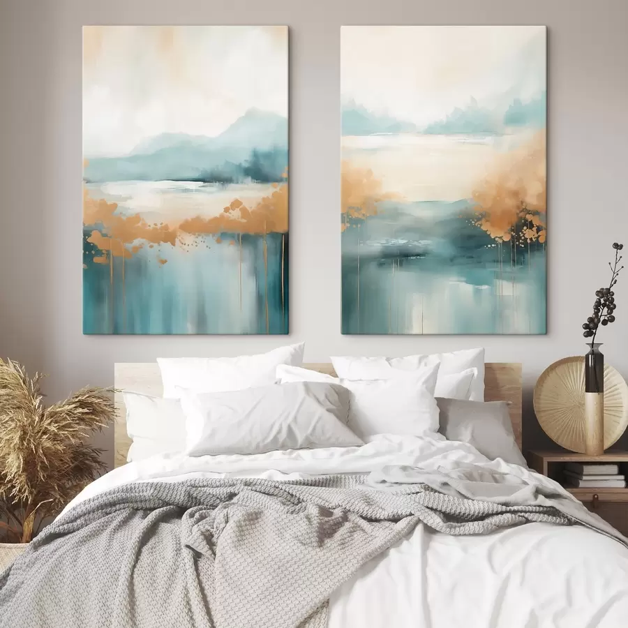 Paveikslėlis Abstraktus peizažas su kalnais ir ežeru žalios ir tekstūruotos geltonos spalvos, švelniais potėpiais, minimalistinis meno kūrinys m01012