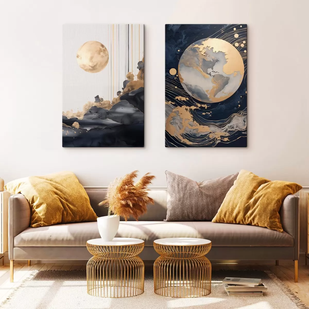 Paveikslėlis Tekstūruota dekoratyvinė planeta kosmose su geltonomis linijomis ir taškais, abstraktus stilius, minimalistinis ir modernus m01014