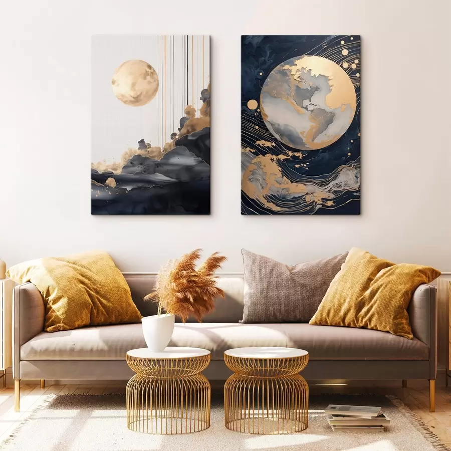 Paveikslėlis Tekstūruota dekoratyvinė planeta kosmose su geltonomis linijomis ir taškais, abstraktus stilius, minimalistinis ir modernus m01014