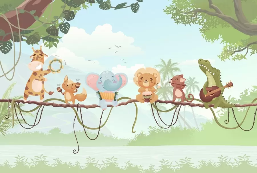 Fototapetai Gyvūnai su muzikos instrumentais tropinio kraštovaizdžio fone w04505