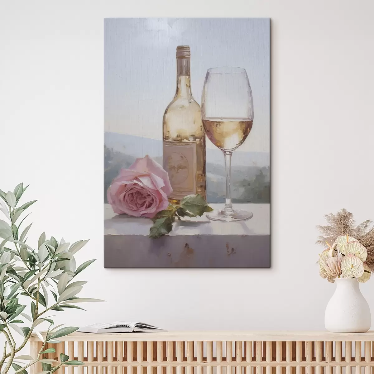 Paveikslėlis Butelis ir taurė vyno bei mažas šuo su akiniais, imituojantis paveikslą s46721