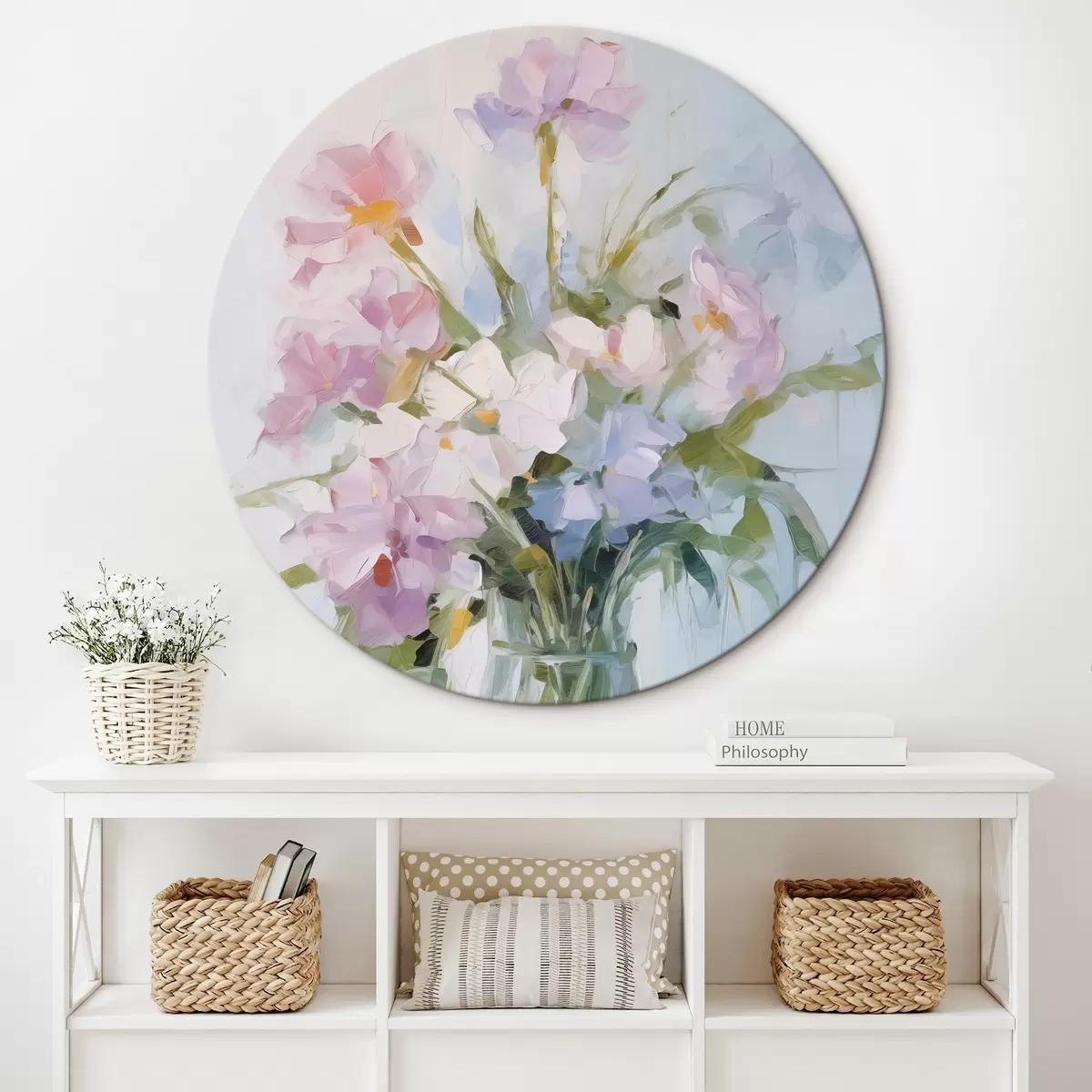 Apvalūs paveikslai Gėlių puokštė vazėje, tapybos imitacija r46751