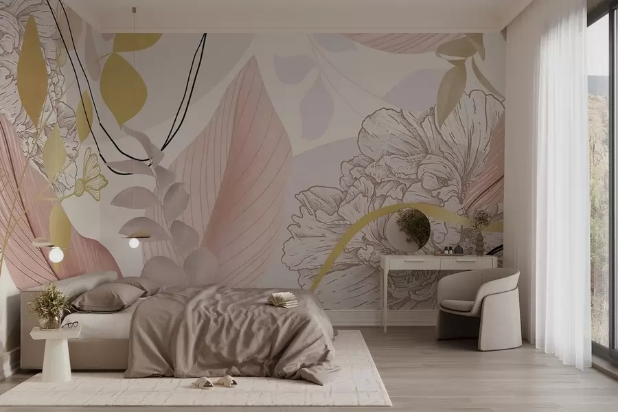 Fototapetai Abstraktus gėlių raštas su dideliais lapais švelnių rožinių, geltonų atspalvių su plonomis juodomis linijomis ir baltomis gėlių kontūromis w09544v1