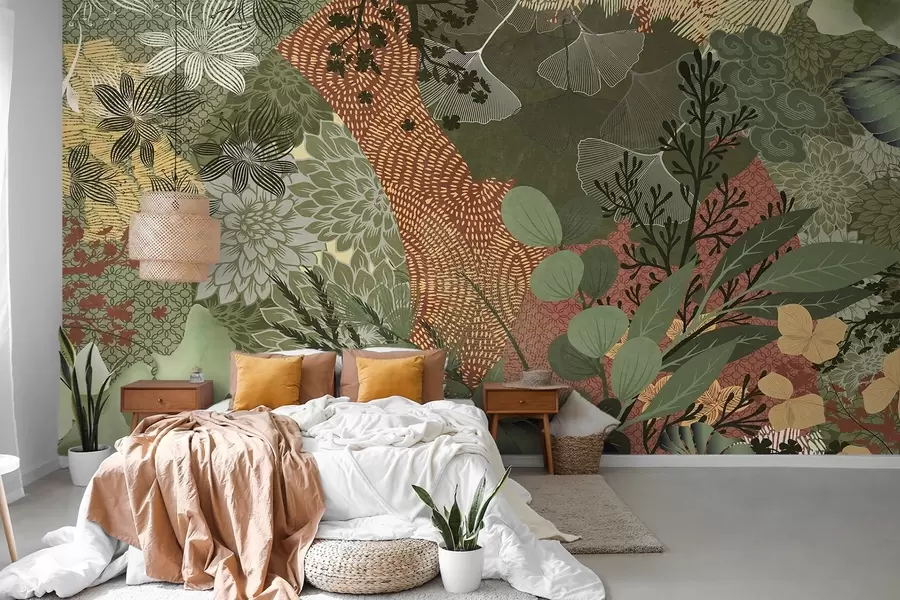 Fototapetai Abstraktus tekstūruotas koliažas iš botaninių elementų su lapais, gėlėmis ir organinėmis tekstūromis, žalios ir rudos spalvų atspalviais w09545