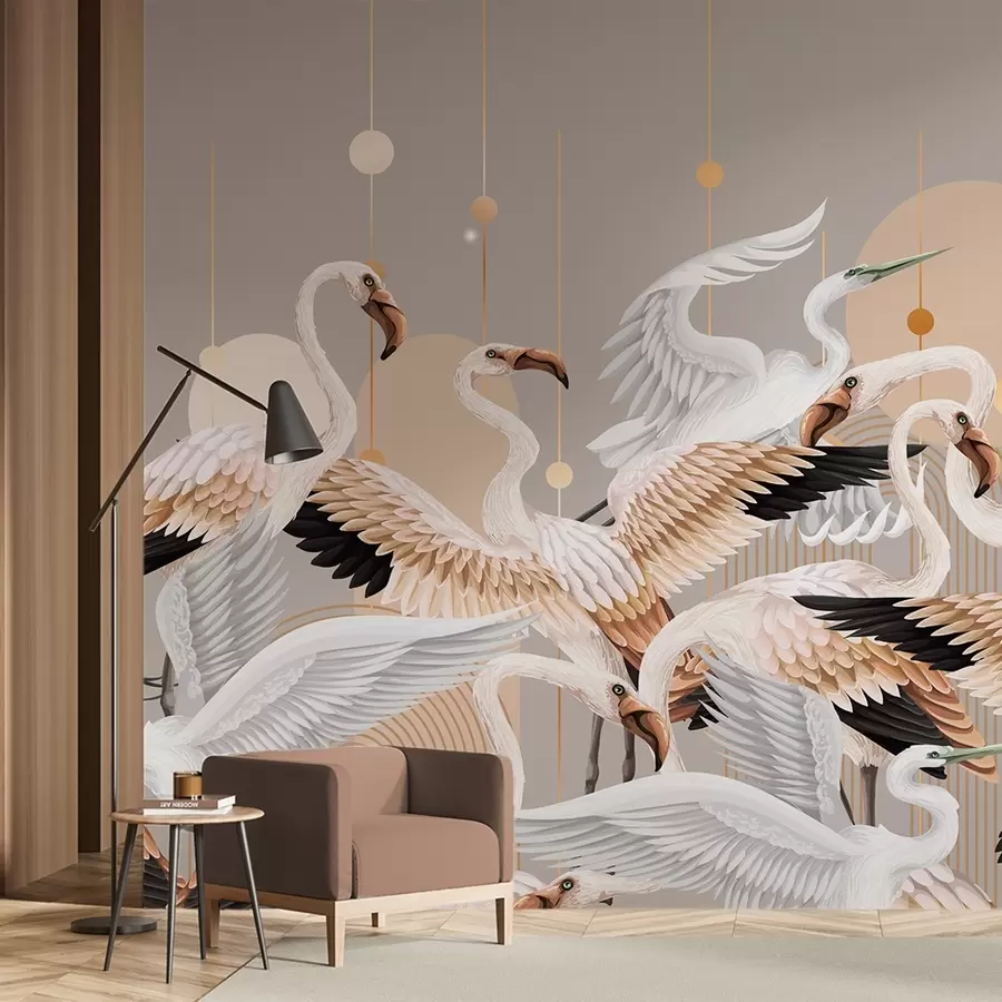 Fototapetai Baltojo flamingo pulkas su subtiliais sparnais, neutralaus fono su geltonomis linijomis ir apskritimais w09546v1