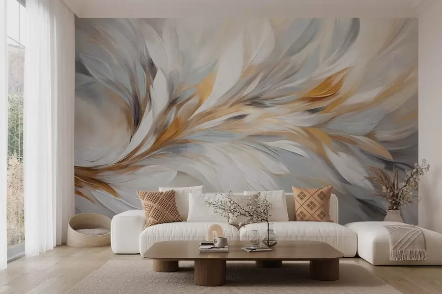 Fototapetai Abstraktus tapybos stilius su baltais, geltonais ir pilkais tekstūriniais potėpiais ant švelnaus, šviesaus fono w09552