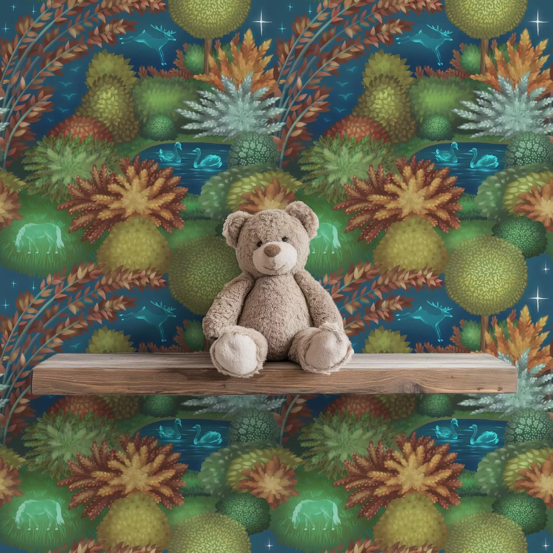 Fototapetai Pasakų naktinis sodas su ežeru ir šviečiančiais gyvūnais a00851