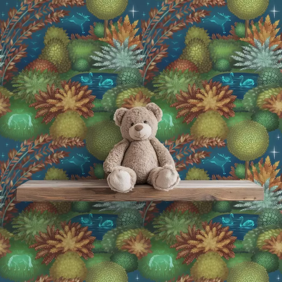 Fototapetai Pasakų naktinis sodas su ežeru ir šviečiančiais gyvūnais a00851