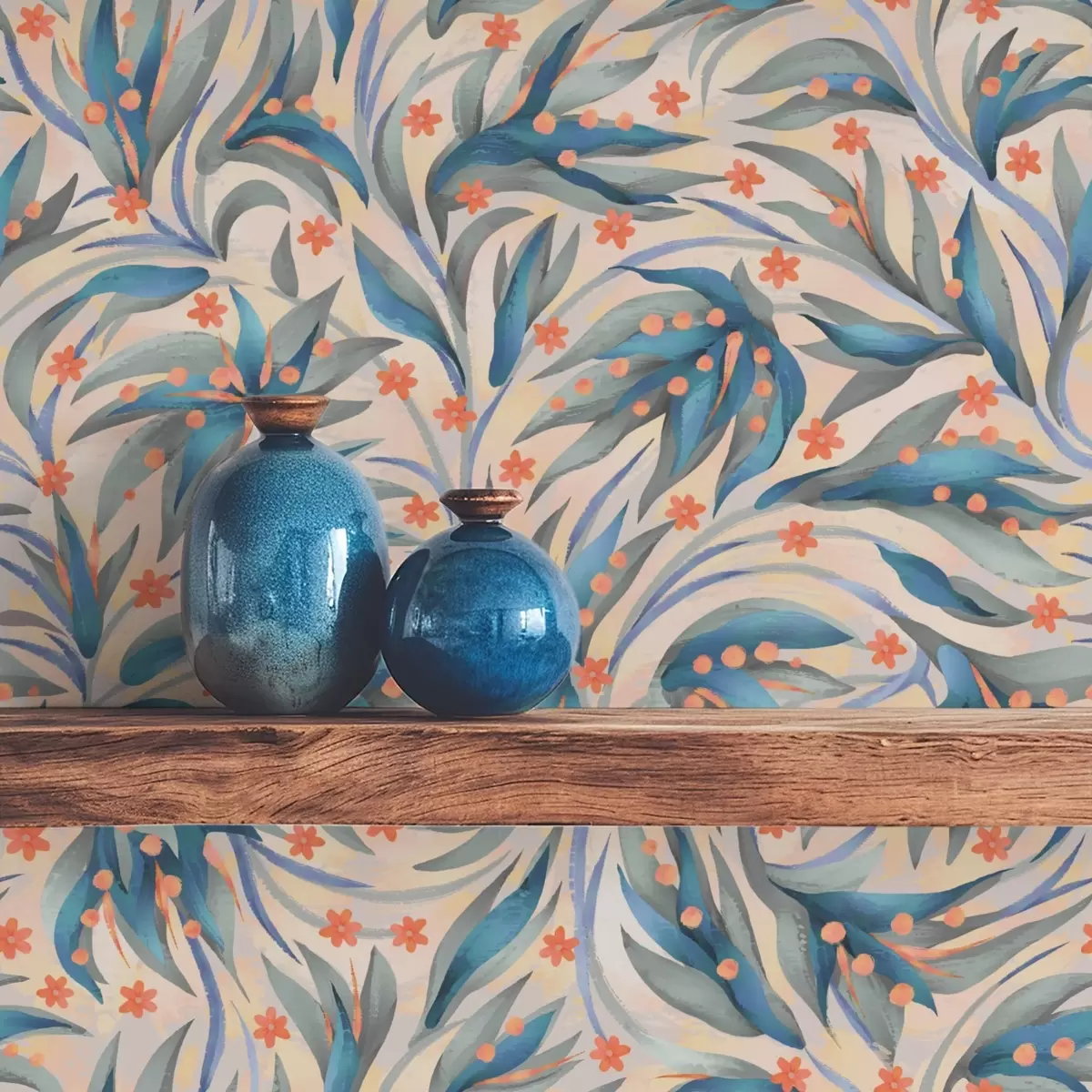 Tapetai Abstrakčios mėlynos spalvos lapai su koralų spalvos žiedais a00852