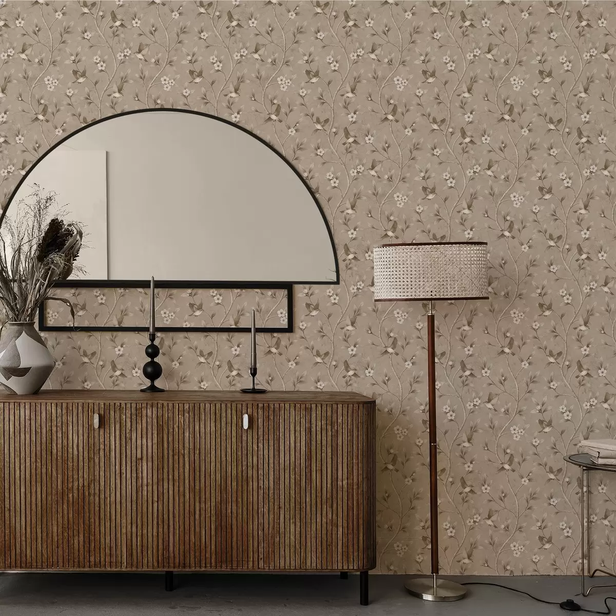 Tapetai Paukščiai ir žydintys šakos šiltų sepijos atspalvių a00882