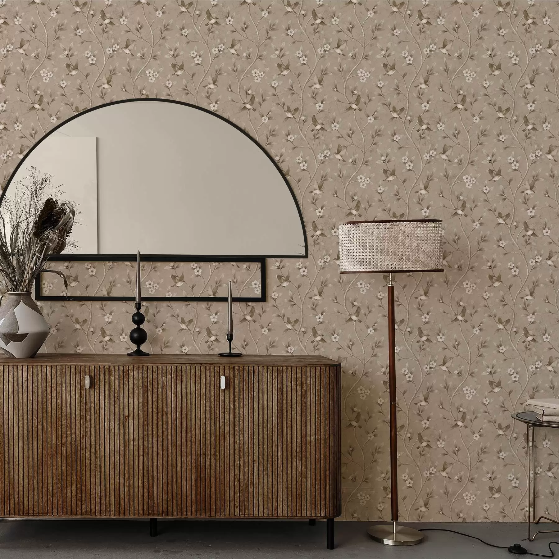 Fototapetai Paukščiai ir žydintys šakos šiltų sepijos atspalvių a00882